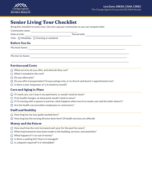 Preview of the Senior Living Tour Checklist PDF